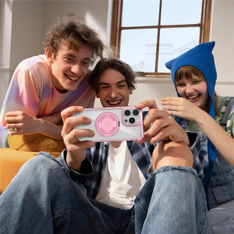 For iPhone 14 Pro Max Magnetic Case Corner Cushions TPU+PC Invisible Kickstand Phone Cover - Transparent Pink