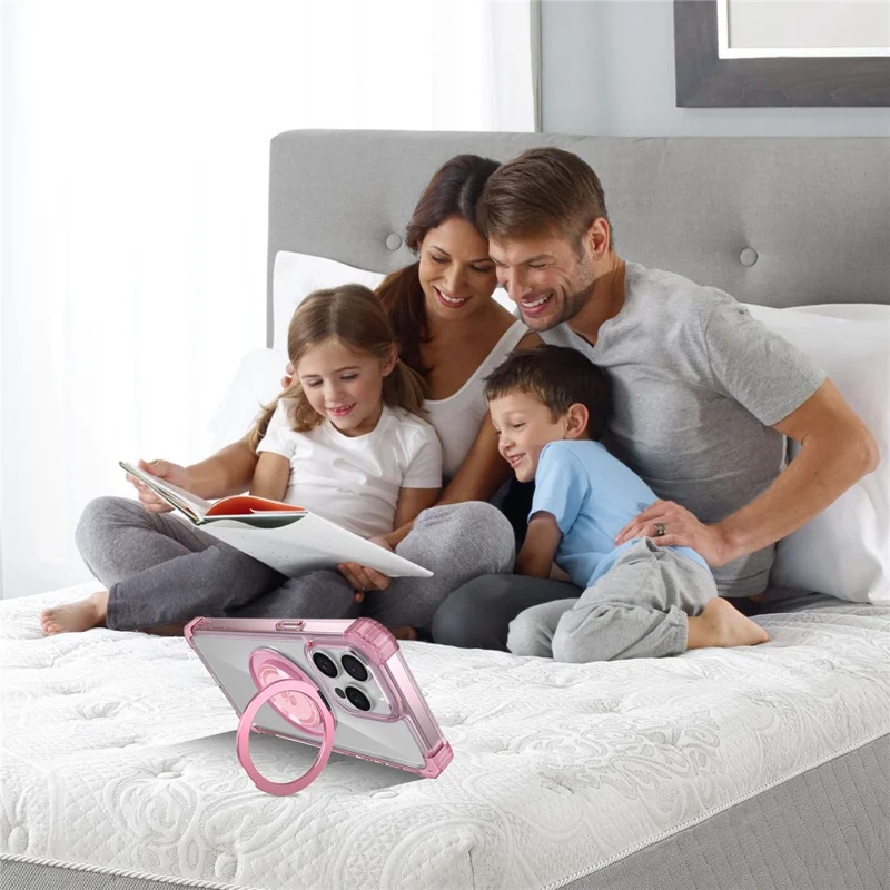 For iPhone 14 Pro Max Magnetic Case Corner Cushions TPU+PC Invisible Kickstand Phone Cover - Transparent Pink