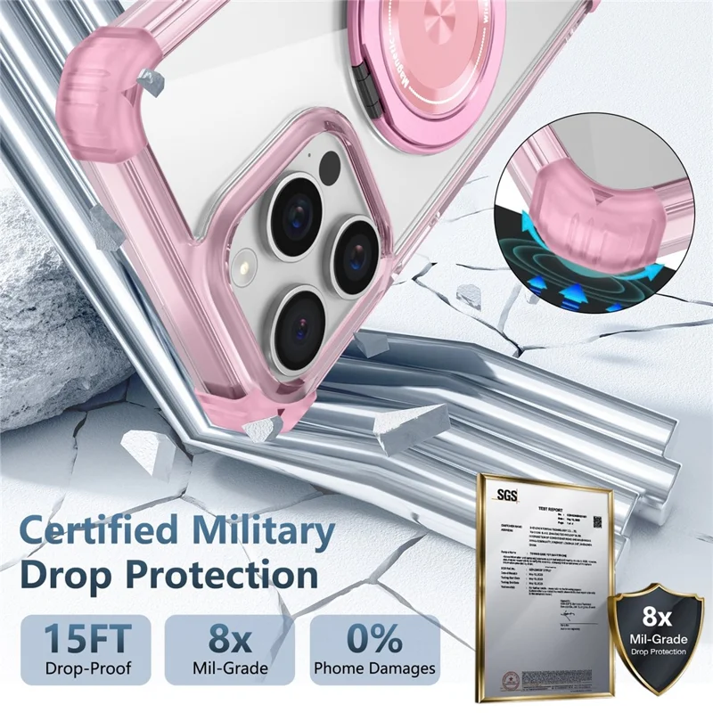 For iPhone 14 Pro Max Magnetic Case Corner Cushions TPU+PC Invisible Kickstand Phone Cover - Transparent Pink