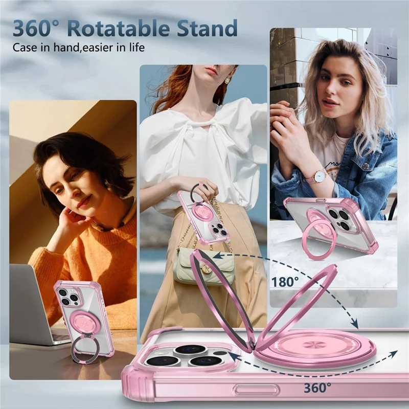 For iPhone 14 Pro Max Magnetic Case Corner Cushions TPU+PC Invisible Kickstand Phone Cover - Transparent Pink