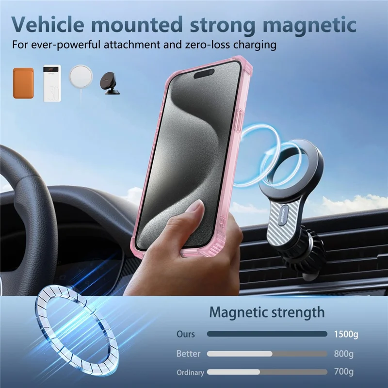 For iPhone 14 Pro Max Magnetic Case Corner Cushions TPU+PC Invisible Kickstand Phone Cover - Transparent Pink