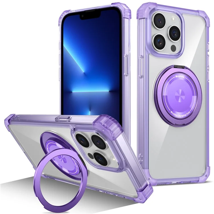 Für iPhone 13 Pro Max Magnetische Hülle Drehbarer Ring Ständer TPU+PC Handyhülle - Transparentes Lila