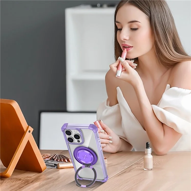 Für iPhone 13 Pro Max Magnetische Hülle Drehbarer Ring Ständer TPU+PC Handyhülle - Transparentes Lila