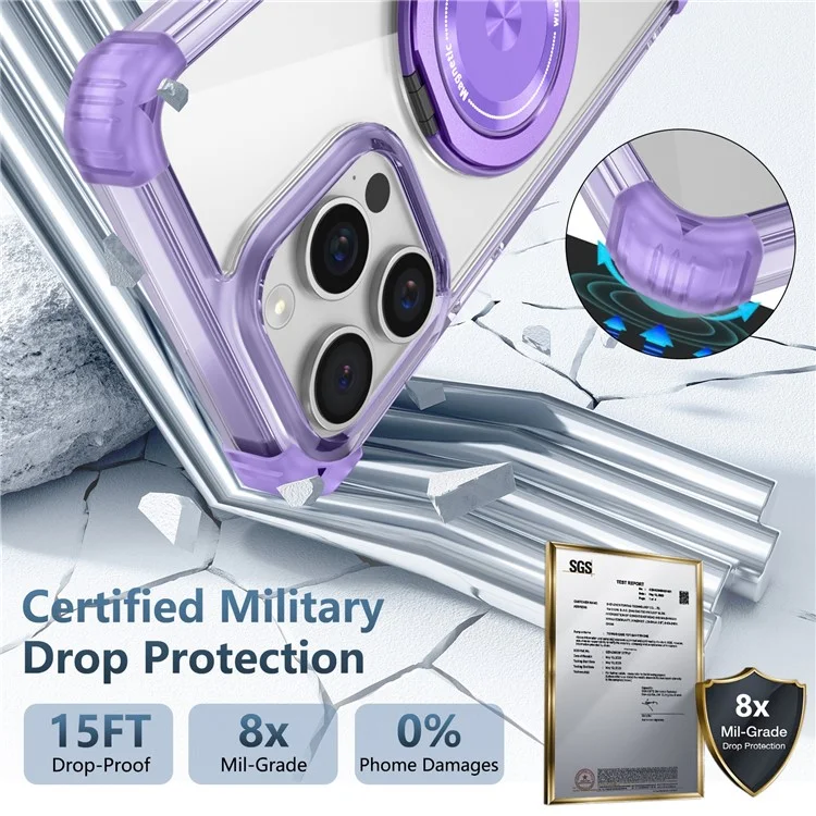 Für iPhone 13 Pro Max Magnetische Hülle Drehbarer Ring Ständer TPU+PC Handyhülle - Transparentes Lila