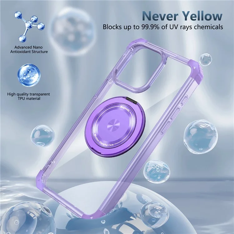 Für iPhone 13 Pro Max Magnetische Hülle Drehbarer Ring Ständer TPU+PC Handyhülle - Transparentes Lila