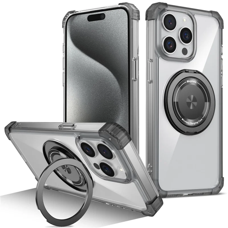 For iPhone 15 Pro Kickstand Case Anti-Drop TPU+PC Slim Phone Cover - Transparent Black