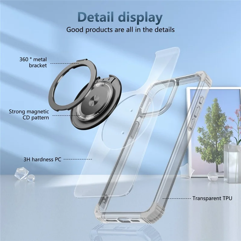 For iPhone 15 Pro Kickstand Case Anti-Drop TPU+PC Slim Phone Cover - Transparent Black