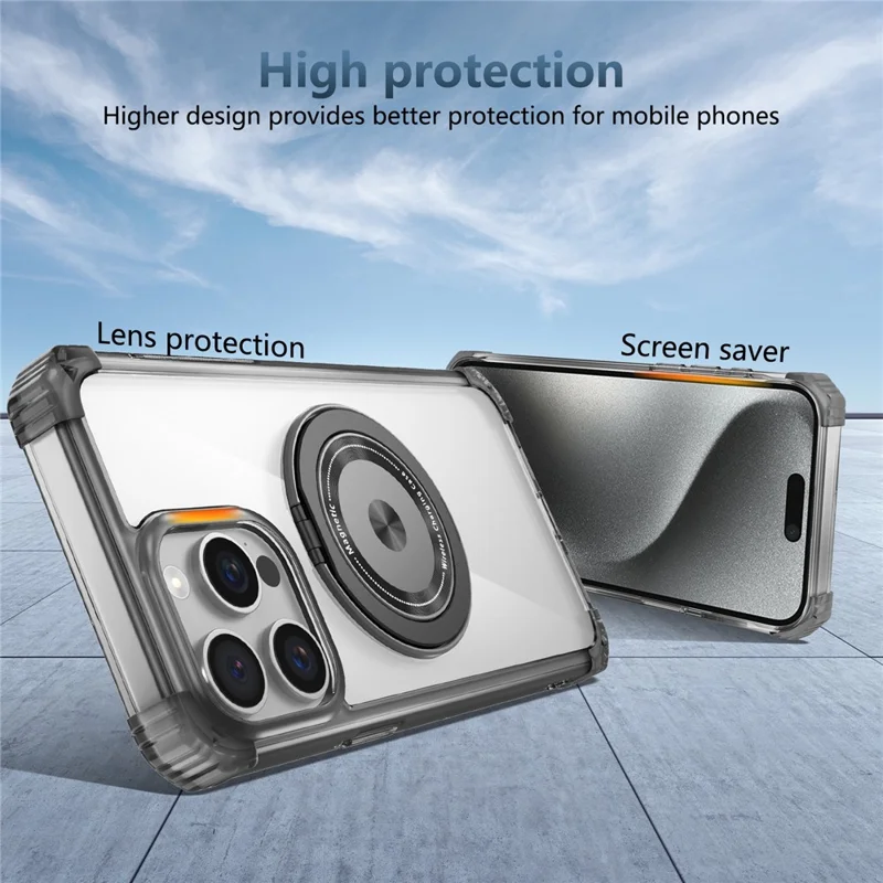 For iPhone 15 Pro Kickstand Case Anti-Drop TPU+PC Slim Phone Cover - Transparent Black