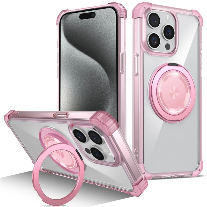 For iPhone 15 Pro Max Magnetic Phone Case PC+TPU Cover with Ring Kickstand - Transparent Pink