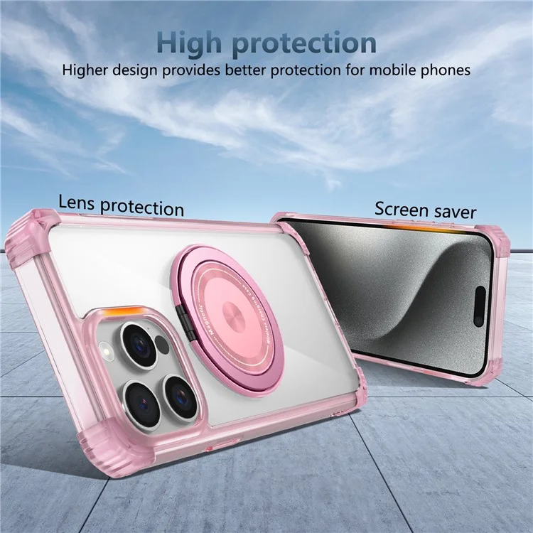 For iPhone 15 Pro Max Magnetic Phone Case PC+TPU Cover with Ring Kickstand - Transparent Pink