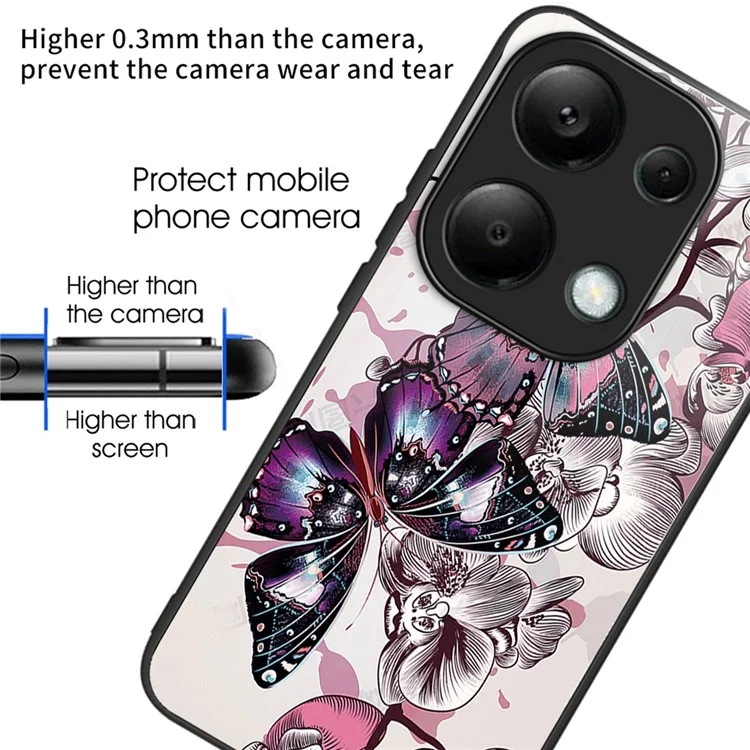 For Xiaomi Redmi Note 13 Pro 4G / Poco M6 Pro 4G Phone Case TPU+Tempered Glass Cover Pattern Print - Purple Butterflies