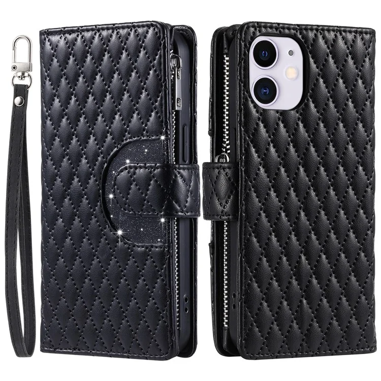 Style 012 for iPhone 11 Leather Case with Wrist Strap Rhombus Glitter Zipper Pocket Phone Cover - Black