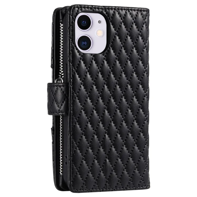Style 012 for iPhone 11 Leather Case with Wrist Strap Rhombus Glitter Zipper Pocket Phone Cover - Black