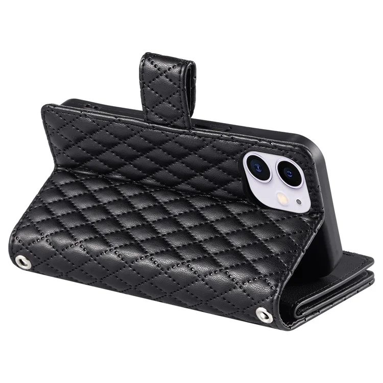 Style 012 for iPhone 11 Leather Case with Wrist Strap Rhombus Glitter Zipper Pocket Phone Cover - Black