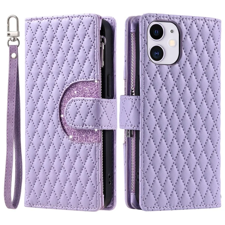Style 012 for iPhone 11 Leather Case with Wrist Strap Rhombus Glitter Zipper Pocket Phone Cover - Purple