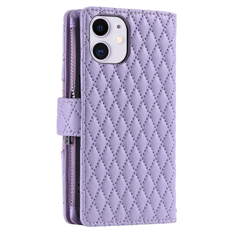 Style 012 for iPhone 11 Leather Case with Wrist Strap Rhombus Glitter Zipper Pocket Phone Cover - Purple