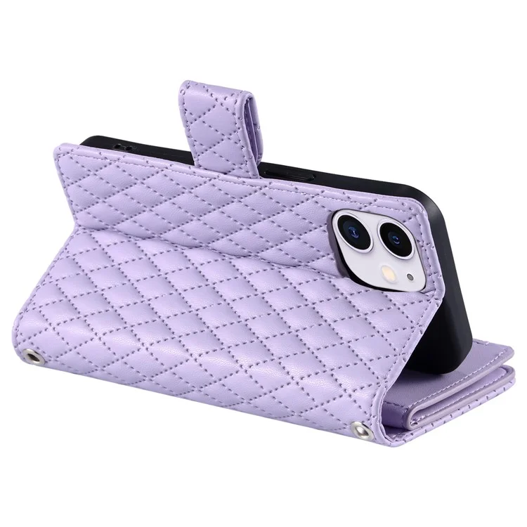 Style 012 for iPhone 11 Leather Case with Wrist Strap Rhombus Glitter Zipper Pocket Phone Cover - Purple