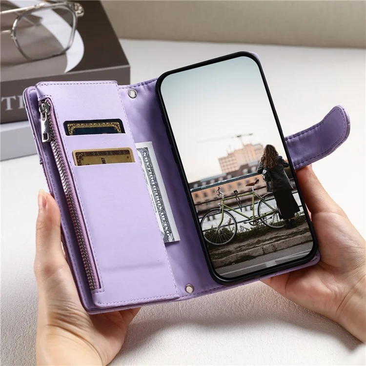 Style 012 for iPhone 11 Leather Case with Wrist Strap Rhombus Glitter Zipper Pocket Phone Cover - Purple