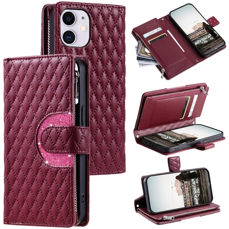 Style 012 for iPhone 11 Leather Case with Wrist Strap Rhombus Glitter Zipper Pocket Phone Cover - Wine Red