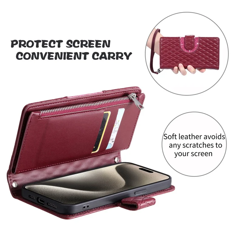 Style 012 for iPhone 11 Leather Case with Wrist Strap Rhombus Glitter Zipper Pocket Phone Cover - Wine Red