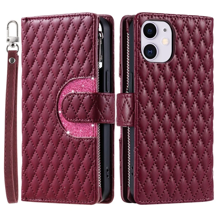 Style 012 for iPhone 11 Leather Case with Wrist Strap Rhombus Glitter Zipper Pocket Phone Cover - Wine Red
