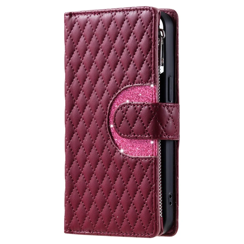 Style 012 for iPhone 11 Leather Case with Wrist Strap Rhombus Glitter Zipper Pocket Phone Cover - Wine Red