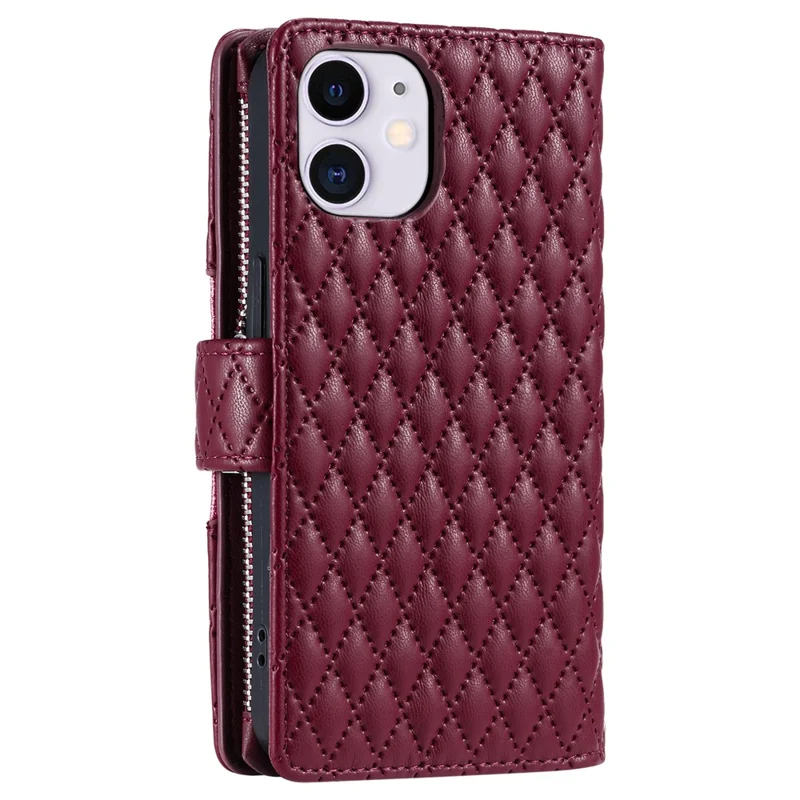 Style 012 for iPhone 11 Leather Case with Wrist Strap Rhombus Glitter Zipper Pocket Phone Cover - Wine Red