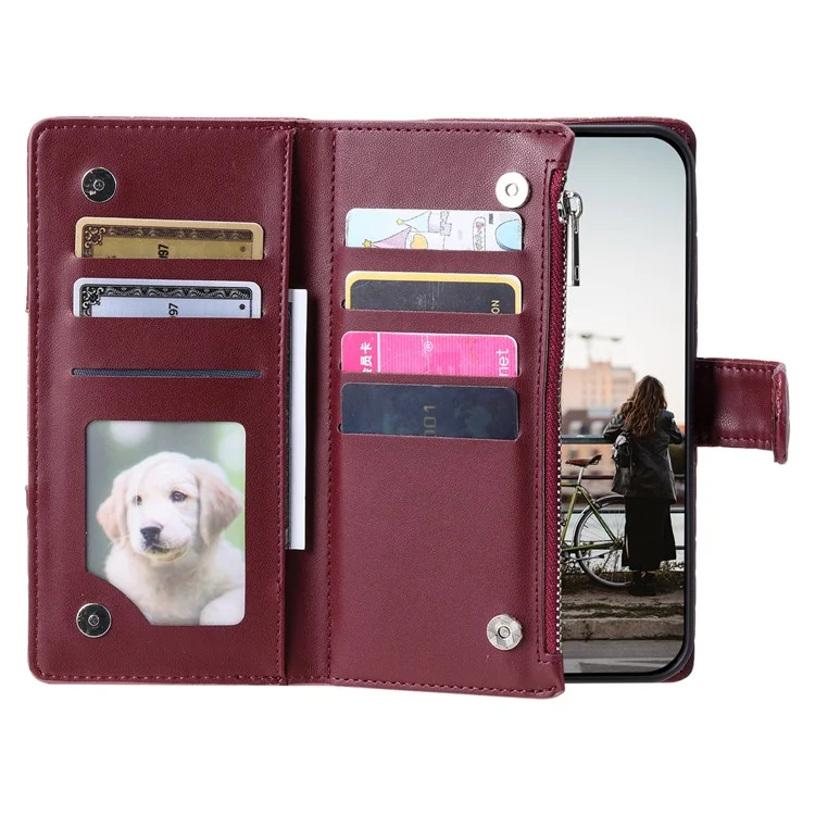 Style 012 for iPhone 11 Leather Case with Wrist Strap Rhombus Glitter Zipper Pocket Phone Cover - Wine Red