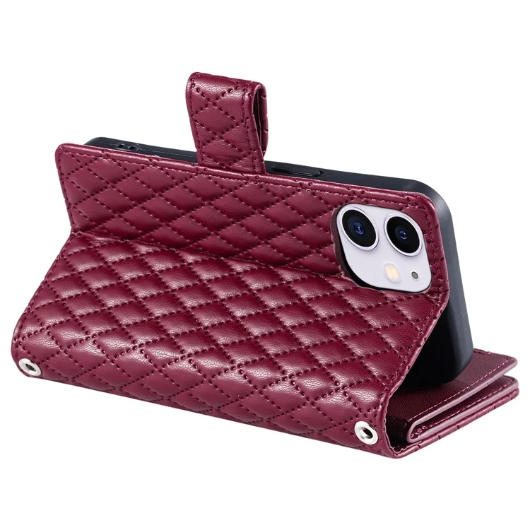 Style 012 for iPhone 11 Leather Case with Wrist Strap Rhombus Glitter Zipper Pocket Phone Cover - Wine Red