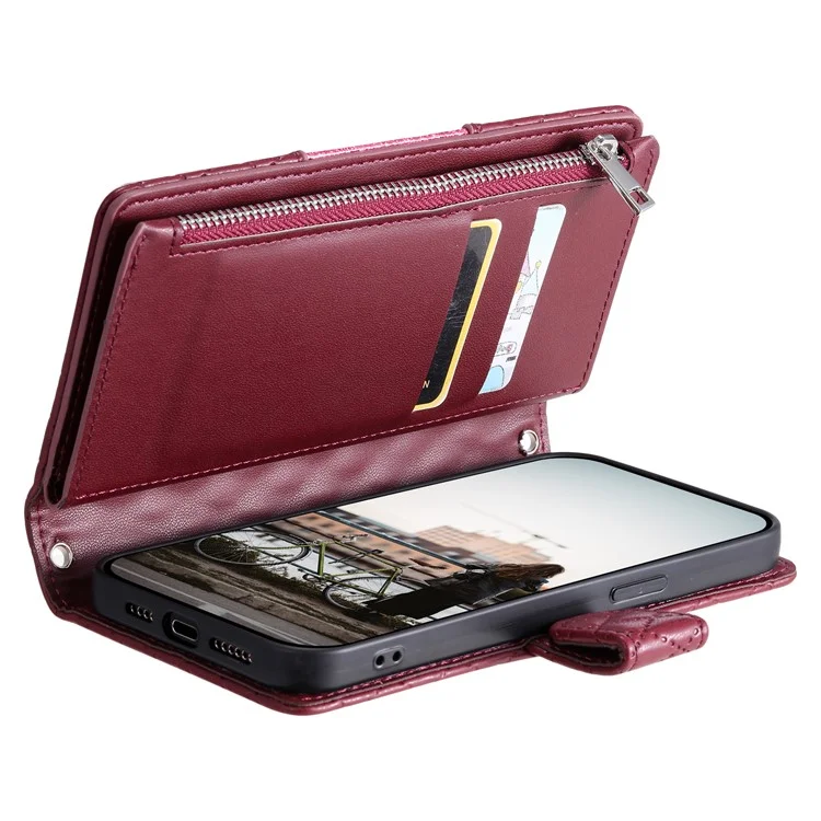Style 012 for iPhone 11 Leather Case with Wrist Strap Rhombus Glitter Zipper Pocket Phone Cover - Wine Red