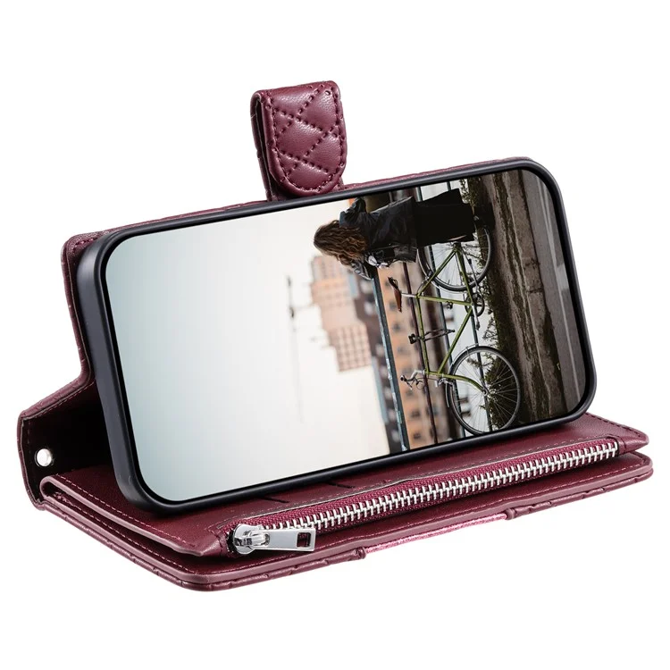 Style 012 for iPhone 11 Leather Case with Wrist Strap Rhombus Glitter Zipper Pocket Phone Cover - Wine Red