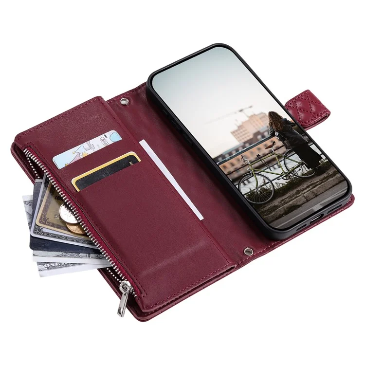 Style 012 for iPhone 11 Leather Case with Wrist Strap Rhombus Glitter Zipper Pocket Phone Cover - Wine Red