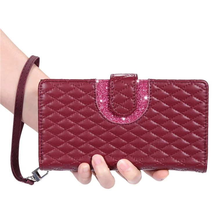 Style 012 for iPhone 11 Leather Case with Wrist Strap Rhombus Glitter Zipper Pocket Phone Cover - Wine Red