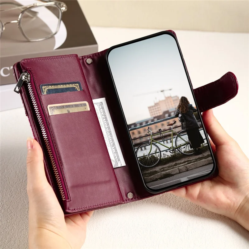 Style 012 for iPhone 11 Leather Case with Wrist Strap Rhombus Glitter Zipper Pocket Phone Cover - Wine Red