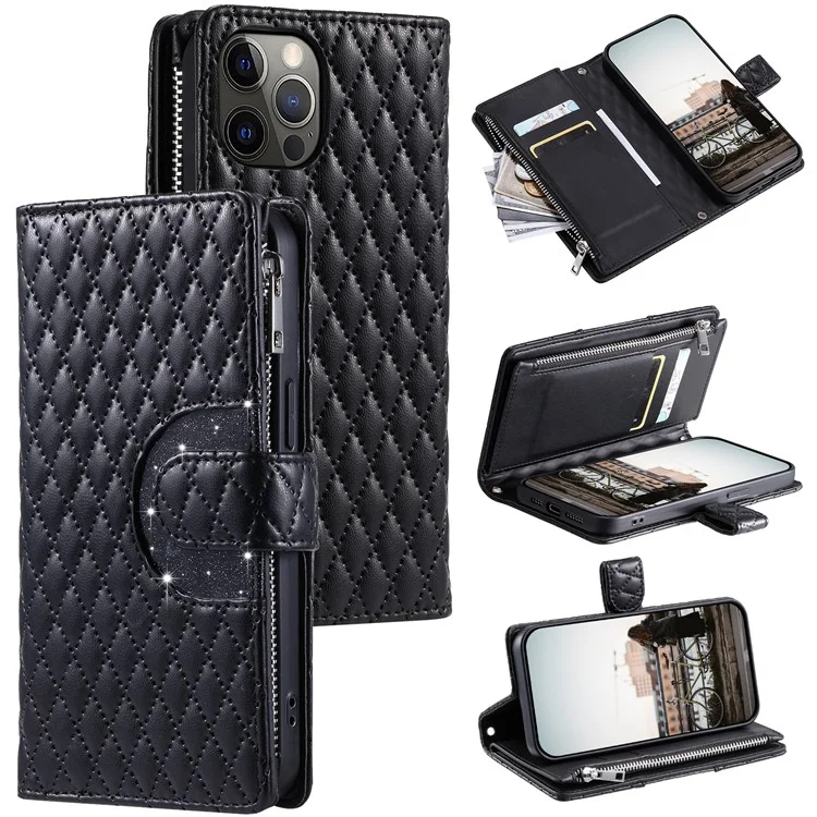 Style 012 for iPhone 12 Pro Max Case Rhombus Glitter Leather Phone Cover with Zipper Pocket - Black