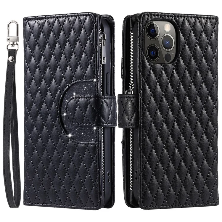 Style 012 for iPhone 12 Pro Max Case Rhombus Glitter Leather Phone Cover with Zipper Pocket - Black