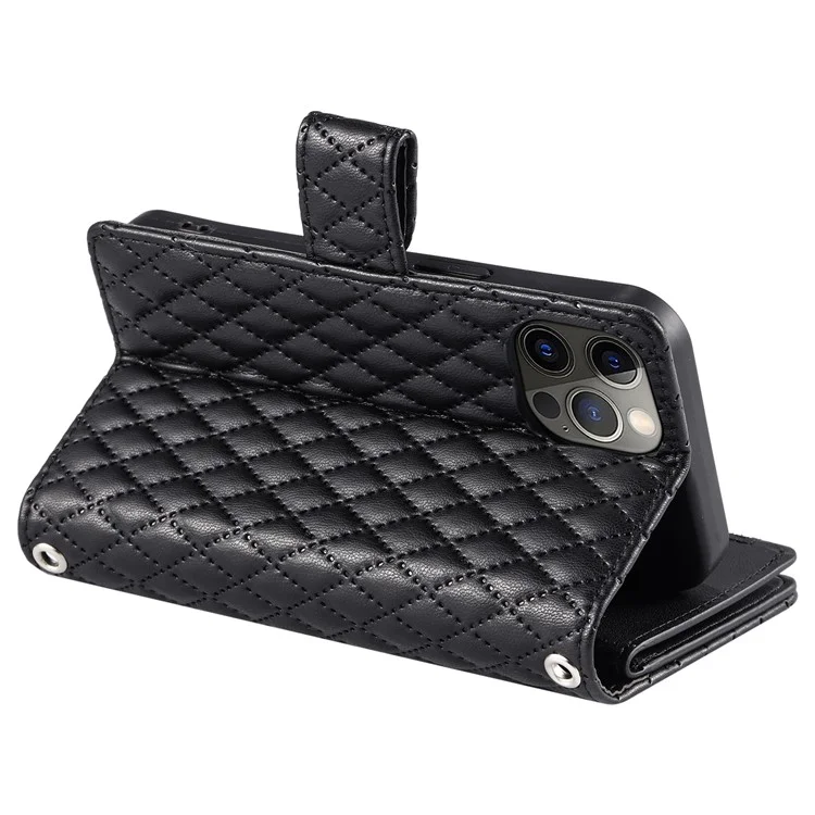 Style 012 for iPhone 12 Pro Max Case Rhombus Glitter Leather Phone Cover with Zipper Pocket - Black