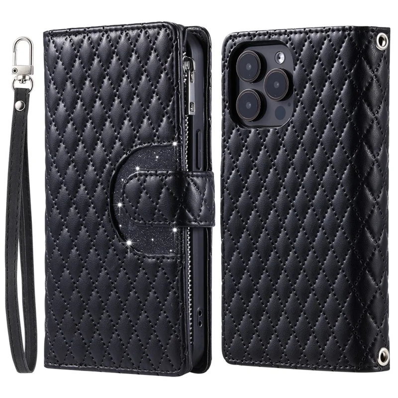 Style 012 for iPhone 13 Pro Wallet Case Rhombus Imprinted Zipper Leather Phone Cover - Black