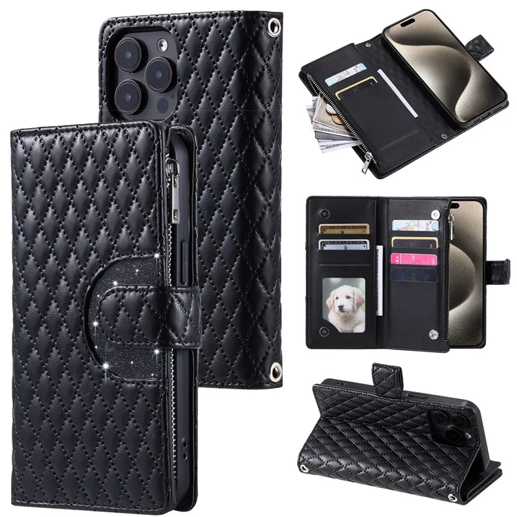 Style 012 für iPhone 14 Pro Case Rhombus Zipper Pocket PU Leather Stand Phone Cover - Schwarz