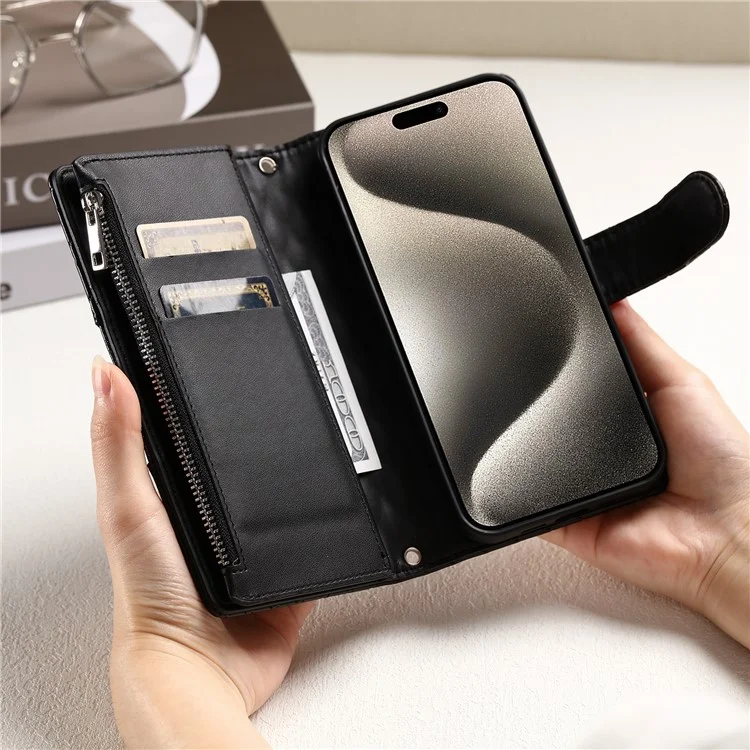 Style 012 für iPhone 14 Pro Case Rhombus Zipper Pocket PU Leather Stand Phone Cover - Schwarz