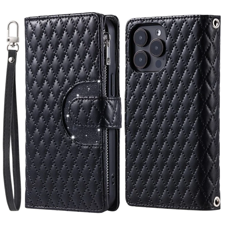 Style 012 für iPhone 14 Pro Case Rhombus Zipper Pocket PU Leather Stand Phone Cover - Schwarz
