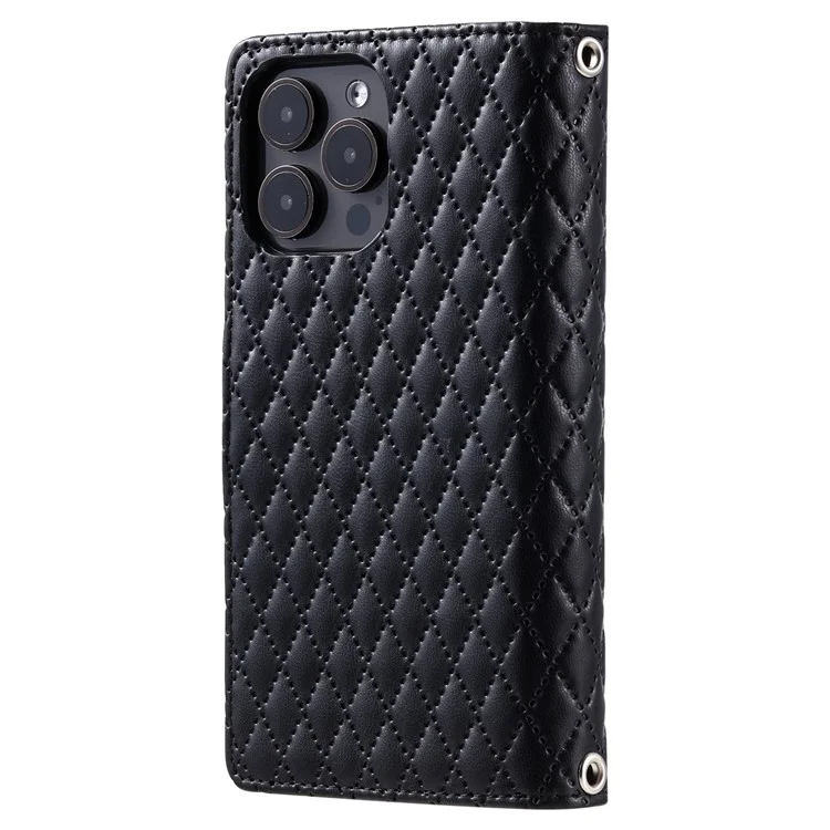 Style 012 für iPhone 14 Pro Case Rhombus Zipper Pocket PU Leather Stand Phone Cover - Schwarz