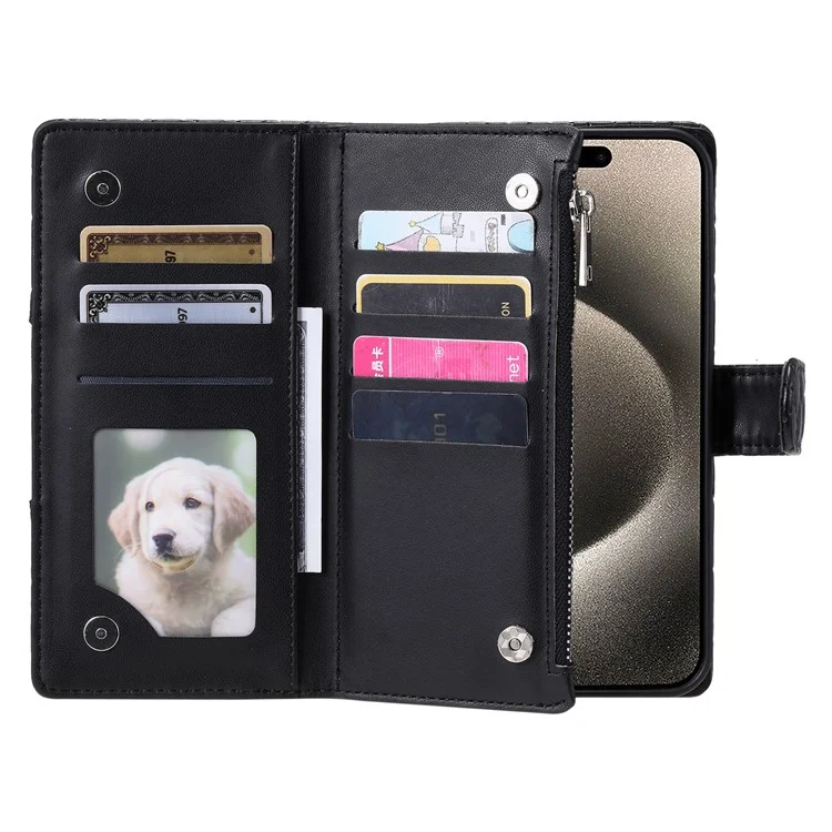 Style 012 für iPhone 14 Pro Case Rhombus Zipper Pocket PU Leather Stand Phone Cover - Schwarz