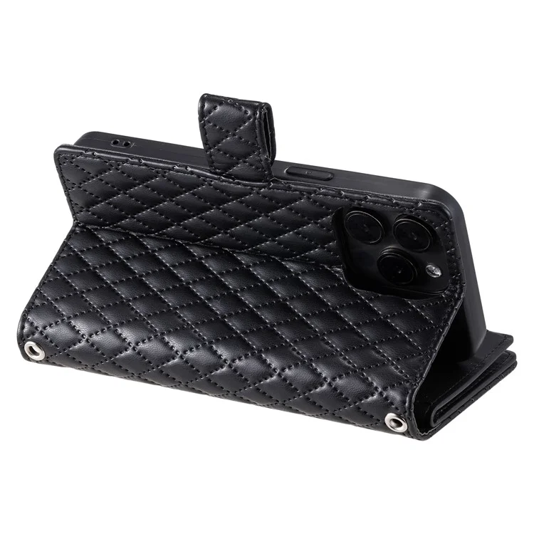 Style 012 für iPhone 14 Pro Case Rhombus Zipper Pocket PU Leather Stand Phone Cover - Schwarz