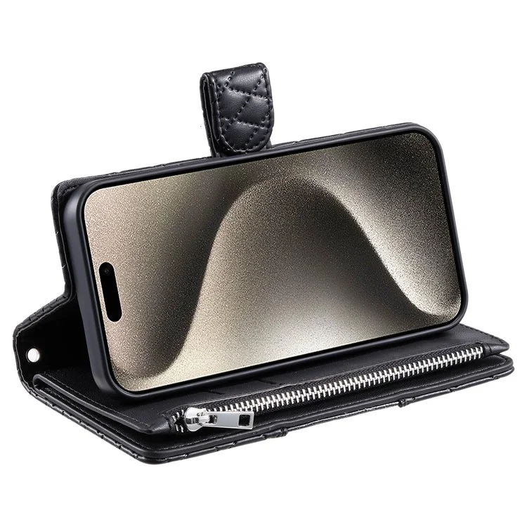 Style 012 für iPhone 14 Pro Case Rhombus Zipper Pocket PU Leather Stand Phone Cover - Schwarz