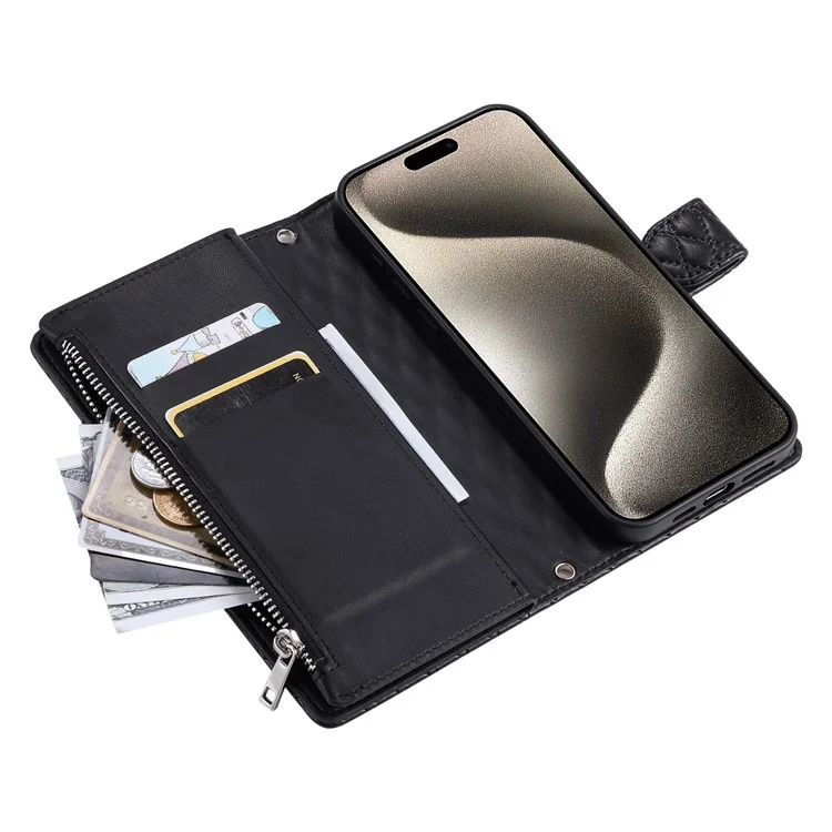 Style 012 für iPhone 14 Pro Case Rhombus Zipper Pocket PU Leather Stand Phone Cover - Schwarz