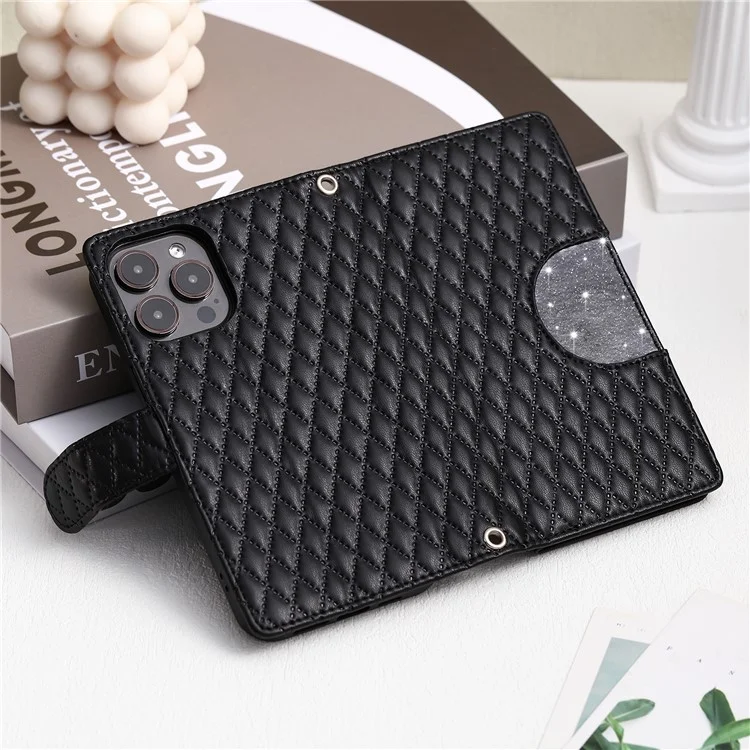 Style 012 für iPhone 14 Pro Case Rhombus Zipper Pocket PU Leather Stand Phone Cover - Schwarz