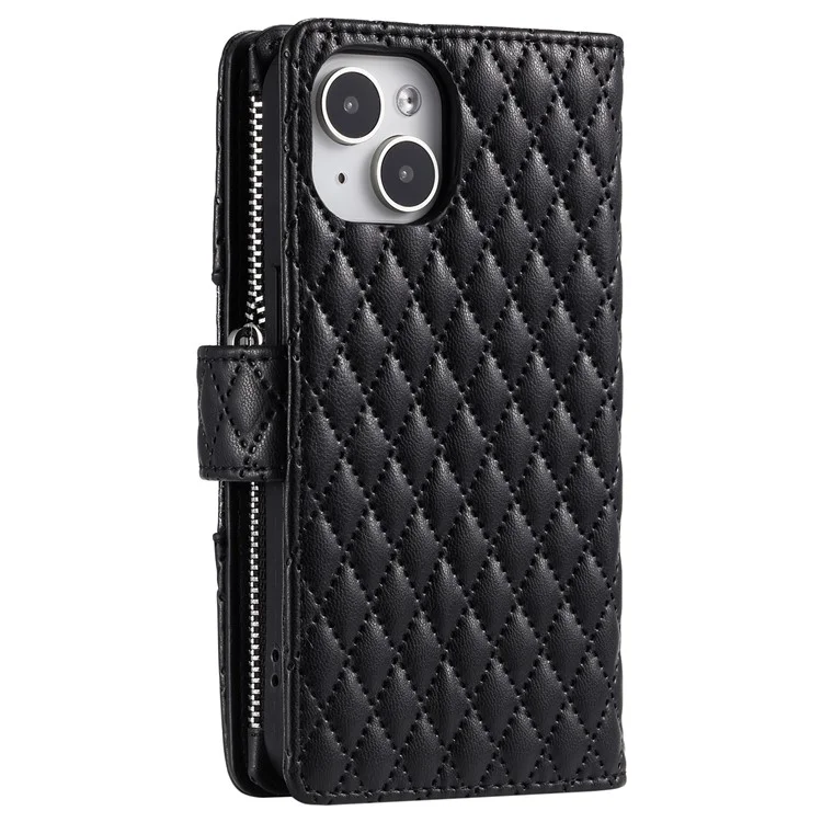 Style 012 for iPhone 15 Plus Leather Case Rhombus Wallet Zipper Phone Cover with Hand Strap - Black