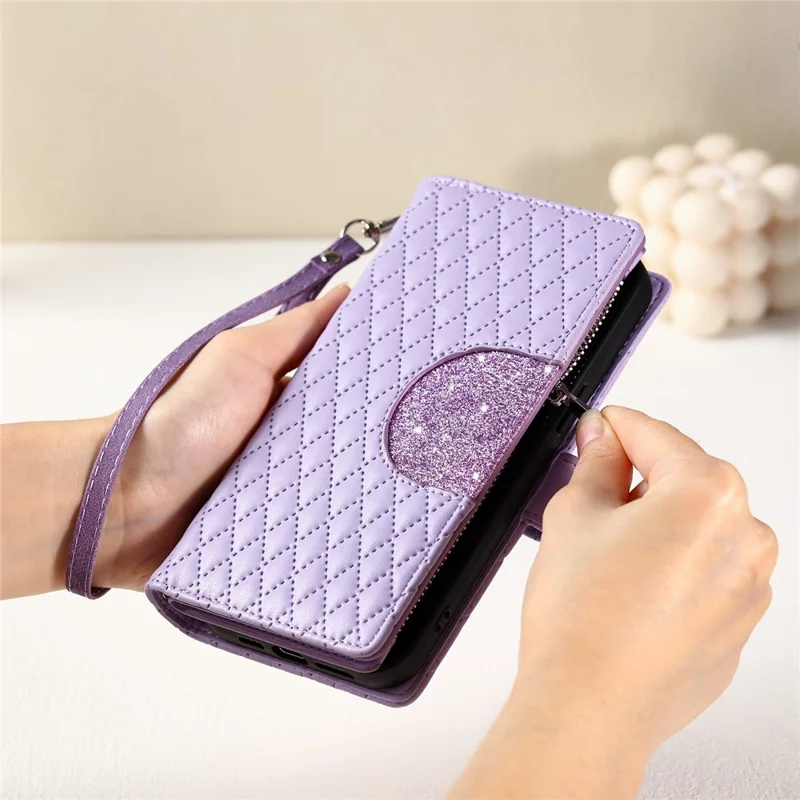 Style 012 for iPhone 15 Plus Leather Case Rhombus Wallet Zipper Phone Cover with Hand Strap - Purple