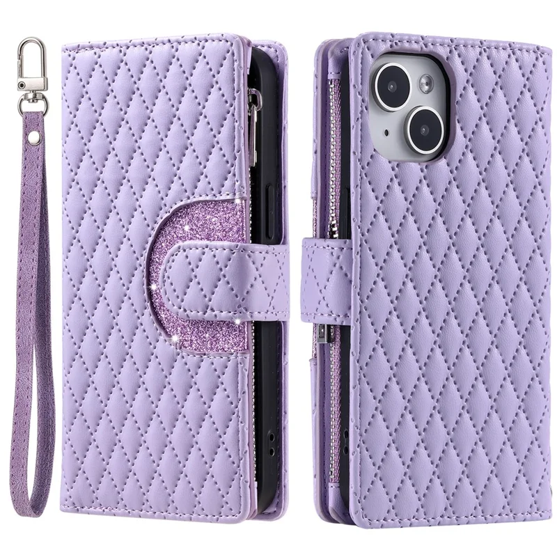 Style 012 for iPhone 15 Plus Leather Case Rhombus Wallet Zipper Phone Cover with Hand Strap - Purple